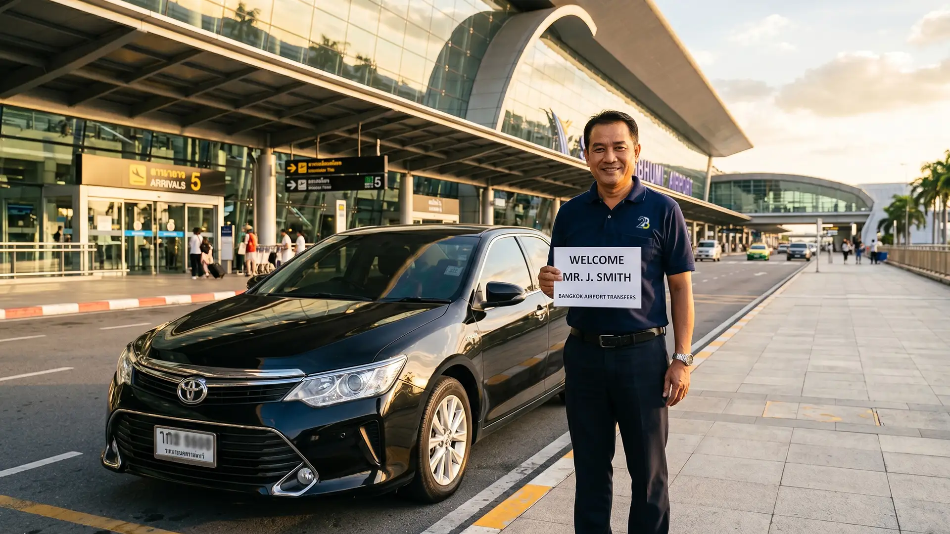 English-speaking 2B Global chauffeur welcoming an arriving traveller at Bangkok airport